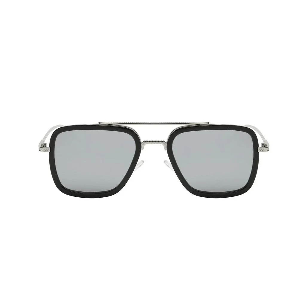 Mens Square Sunglasses Silver Mirror Lens Black Frame Double Bridge Classic 2026